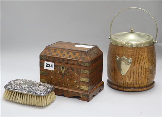 An Indian box, biscuit barrel and a brush